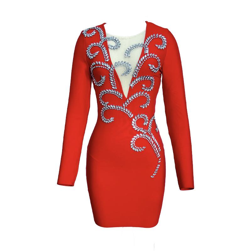 Black Red Rhinestone Long Sleeve Bandage Evening Dress