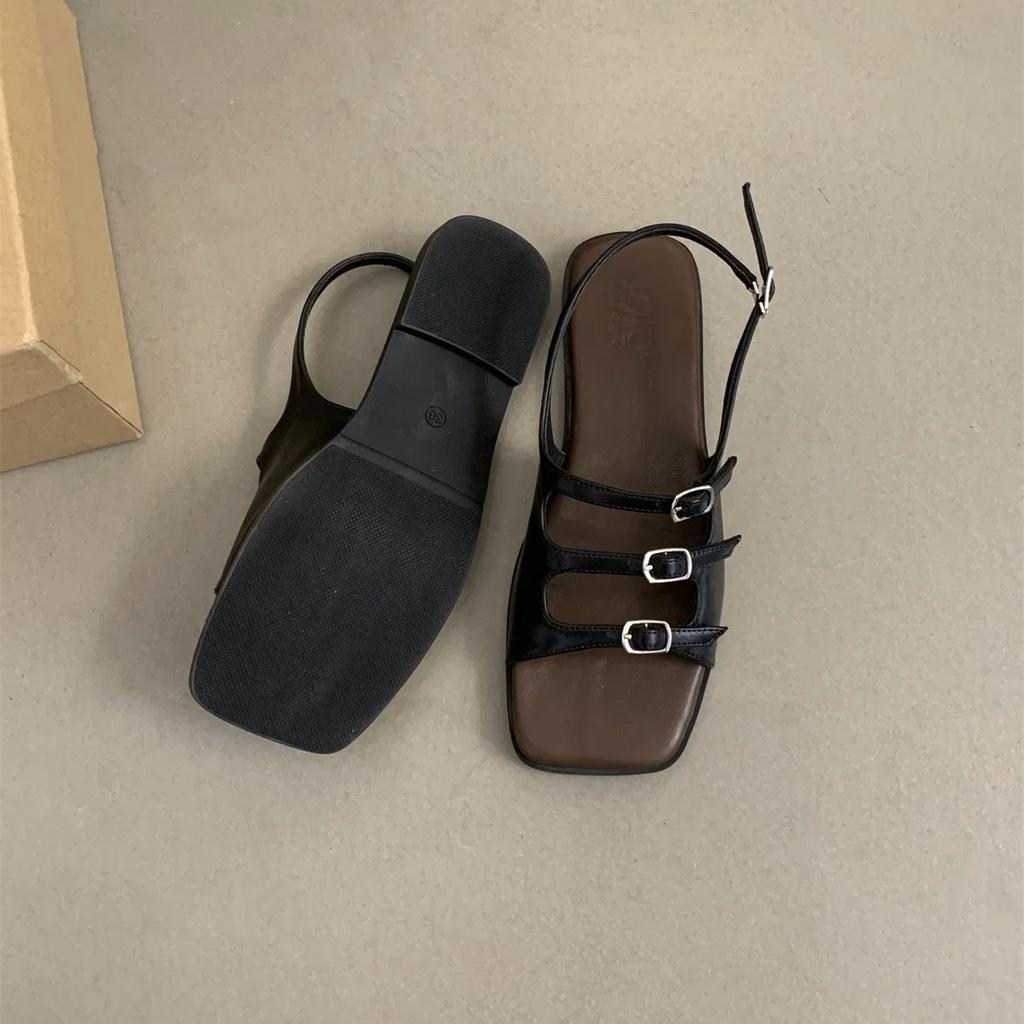Women's Sandals Summer 2024 Retro French Flat Back Strap Roman Shoes Square Toe Belt Buckle Flat Sandalias Femininas