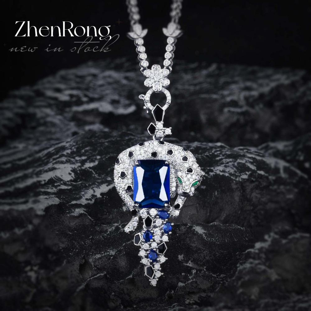 Royal Blue Sapphire Panther Necklace Set Emerald Pendant Blue Diamond Earrings Green Diamond Ring Women Jewelry