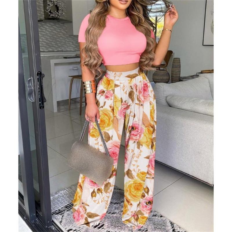 YYFS Women's Fashion Casual Summer Spring Solid Color Print Short Sleeve O-Neck Trousers Pants Suits
