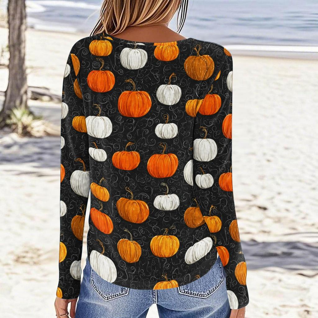 Women's Casual Long Sleeve Pullover Sweatshirt Halloween Pumpkin Print Round Neck Top Lightweight Comfortable Fit
