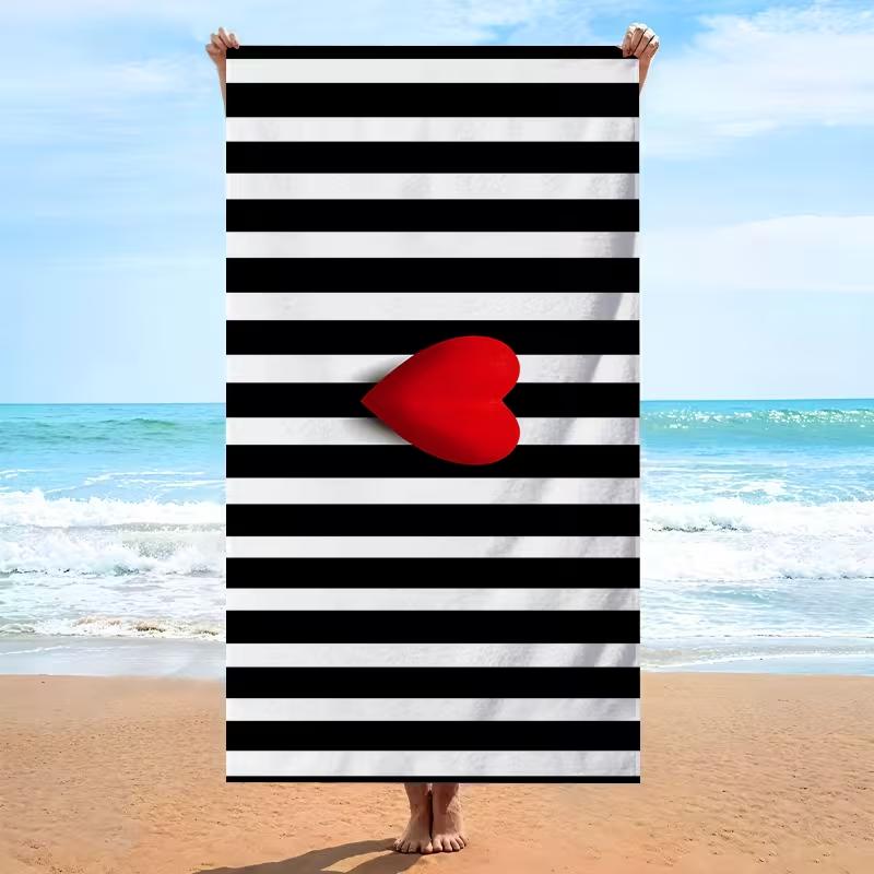 Black White Striped Red Heart Beach Towel Quick Dry Absorbent Sand-Free Towel for Summer Beach Vacation