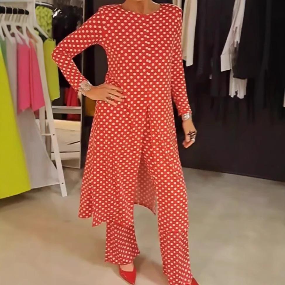 New Trendy Round-neck Long-sleeved Split Polka Dot Long Pants Casual Suit for Women