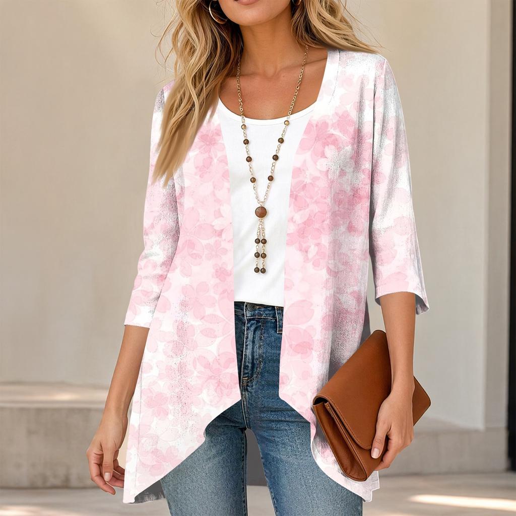 Women's Vintage Floral Print Three-Quarter Sleeve Cardigan Casual Loose Fit Lightweight for Spring Summer