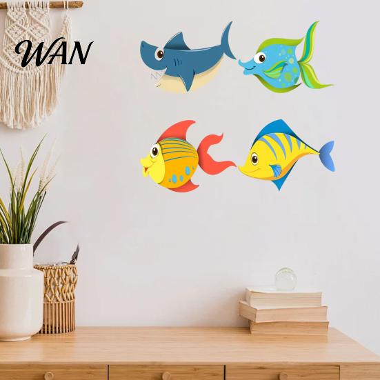 Kids Room Wall Art 4 Pcs Wood Fish Nautical Decor, Ocean Shark Rustic Colorful Ornament Hanging Beach Cartoon Coastal for Living Room, Nursery Themed