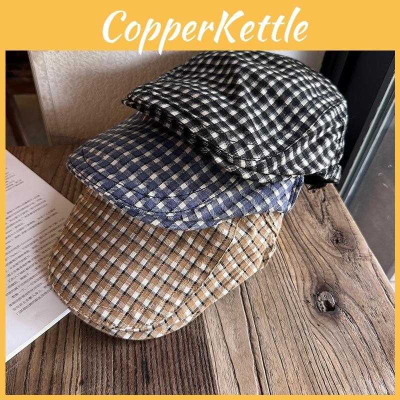 Retro Checkered Pattern Beret Hat For Women Breathable Sunshade Headwear Gift