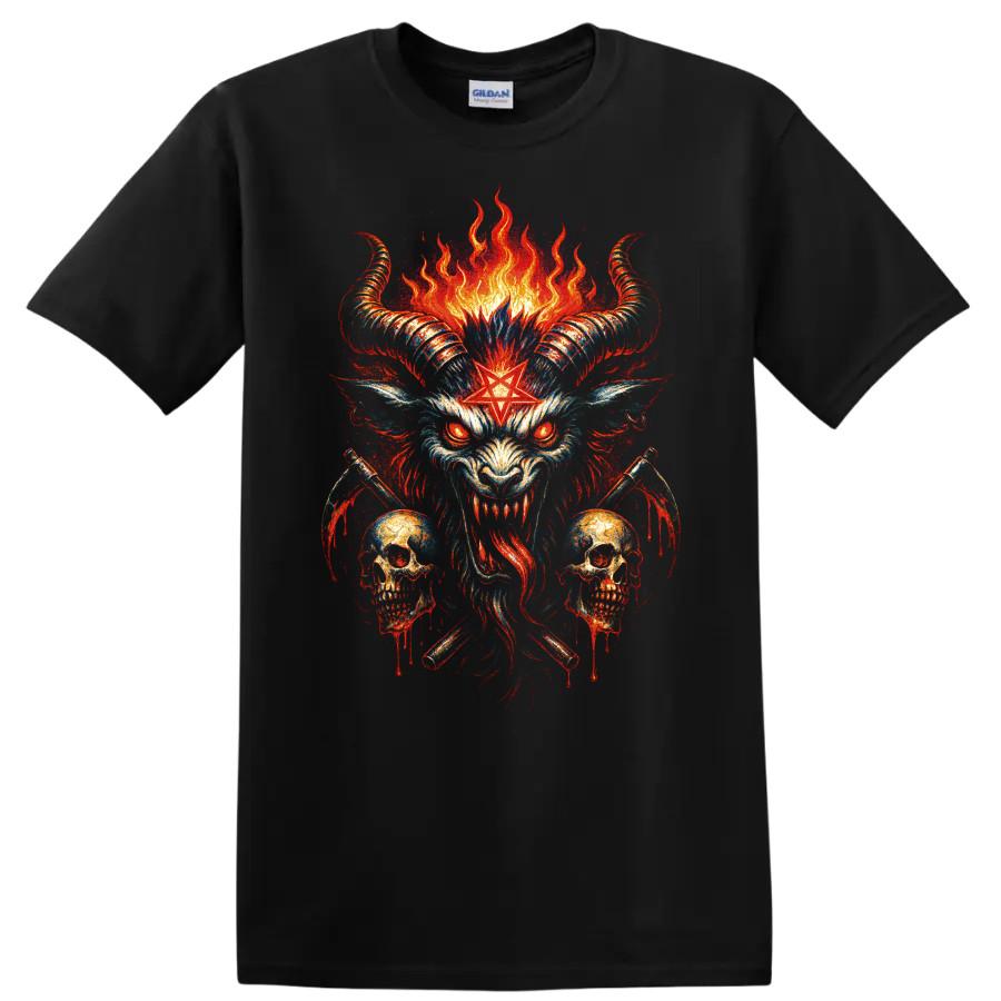 Demonic Skull T Shirt w/ Flaming Horned Beast Occult Gothic Horror Artwork Tee