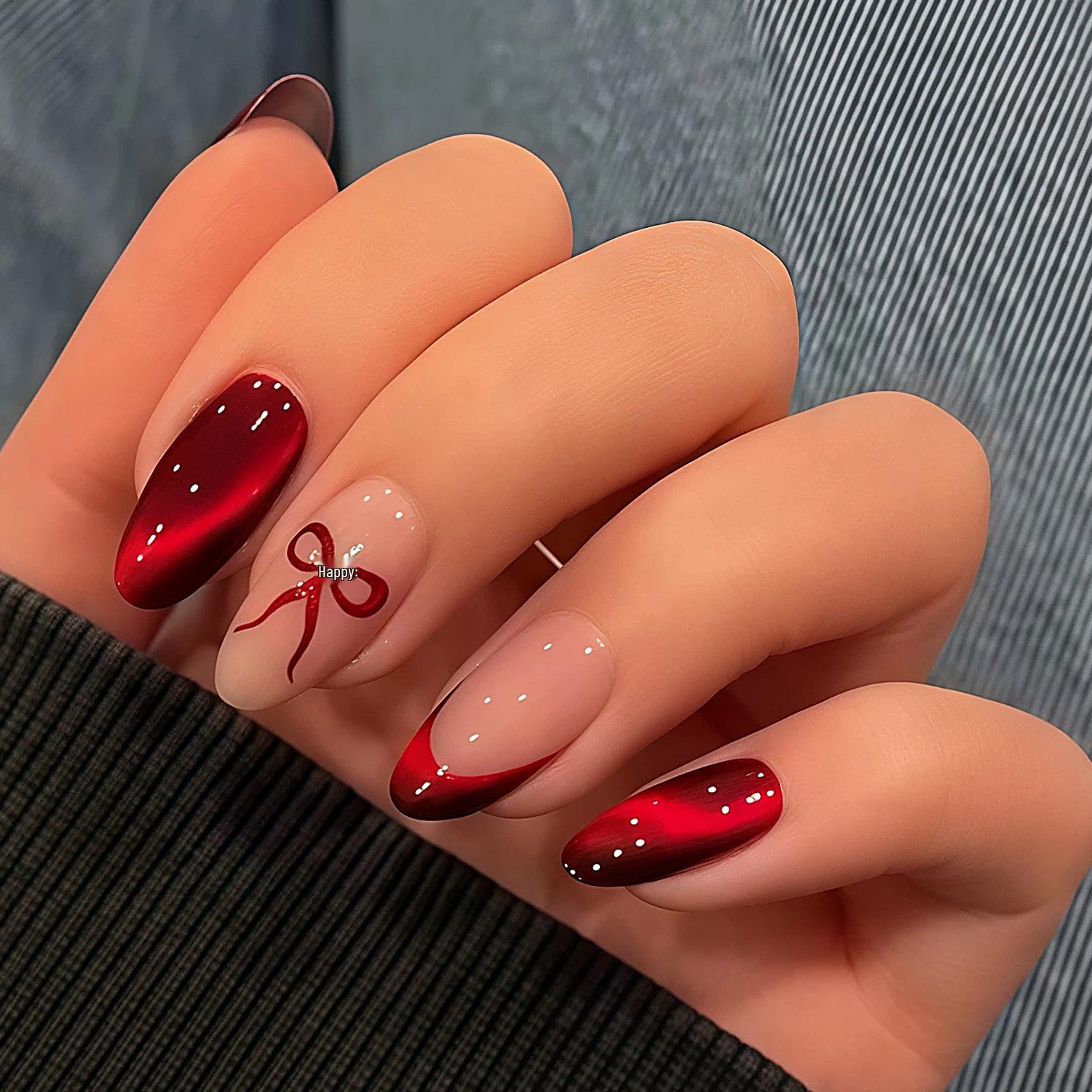 Cat Eye Valentine s Day Gradient Bow Almond & Nude French Manicure Stickers