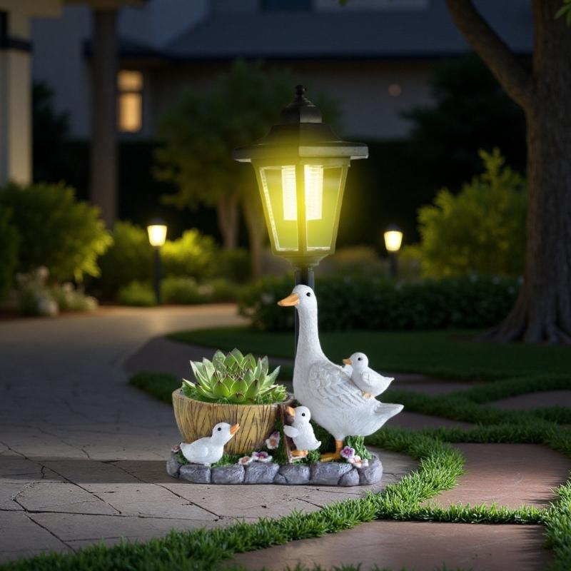 Elegant Solar Activated White Bird Garden Figure Featuring Traditional Street Light For Outside Enhancement Durable Against Different Climate