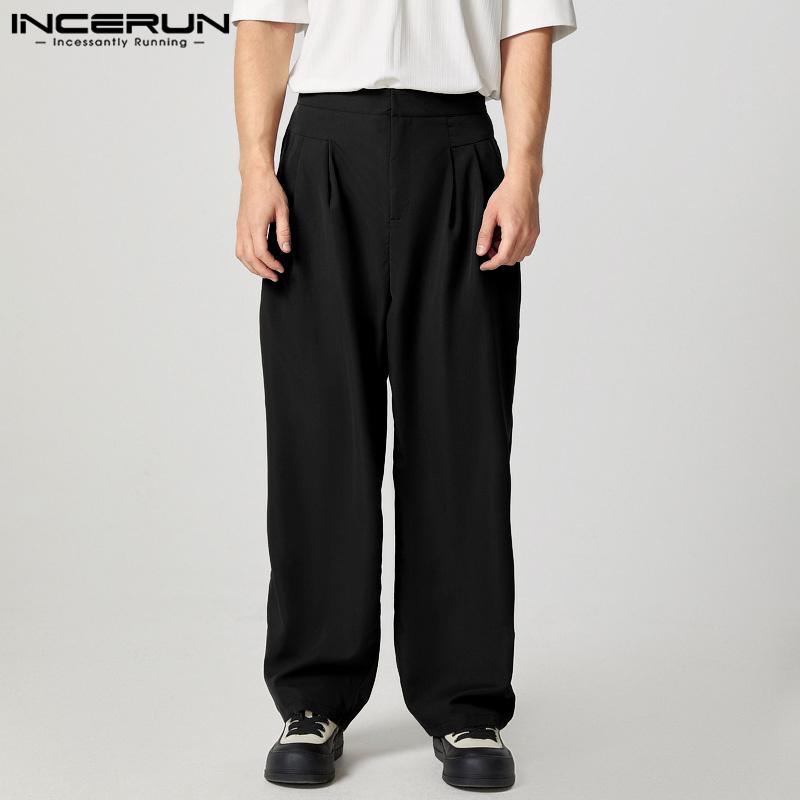 INCERUN Men Zipper Button Waist Casual Loose Baggy Long Wide Legs Pants Trousers