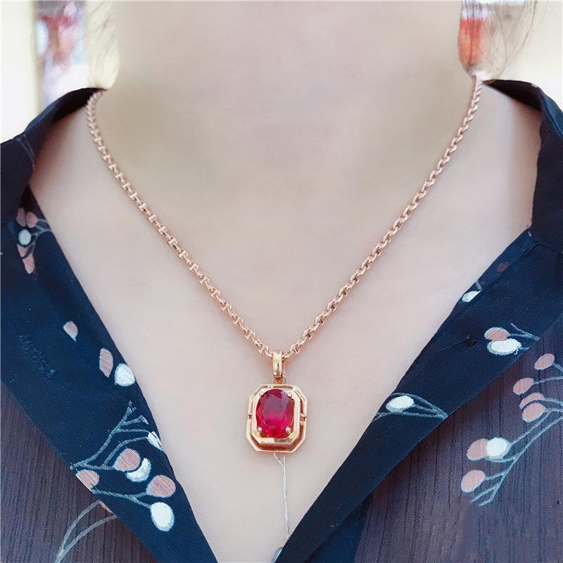 Purple Gold Inlaid Square Redstone Pendant Rose Gold Plated Luxury Classic Colored Gold Necklace