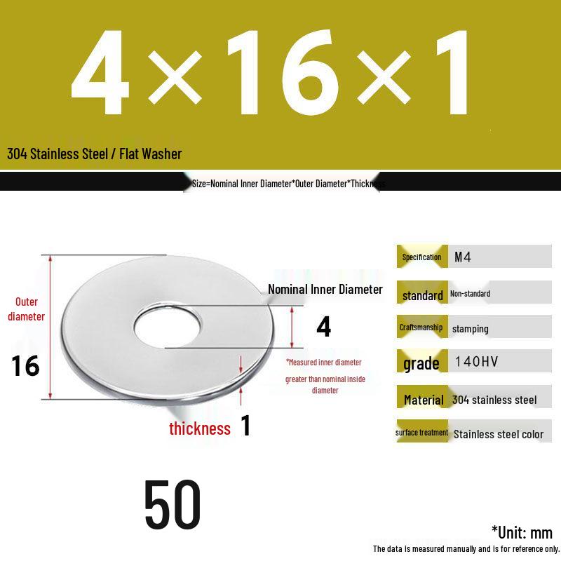 304 Stainless Steel Thickened Flat Washer Set, Sizes 2-36