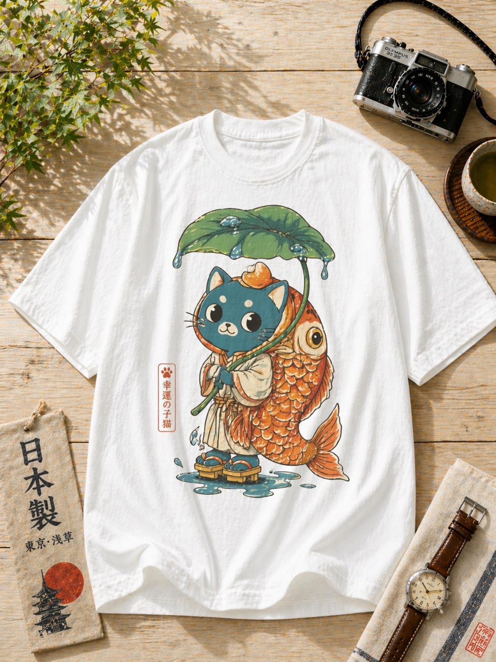 Lucky Koi Cat Japanese Graphic T-Shirt – Kawaii Anime Streetwear Tee 4XL