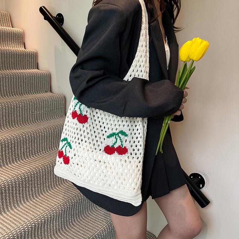 Borsa Tote all'Uncinetto di Grande Capacità alla Moda Stile Coreano Borsa Intrecciata Vuota Borsa a Mano in Maglia Ricamata in Poliestere Quotidiana 0841 CLE