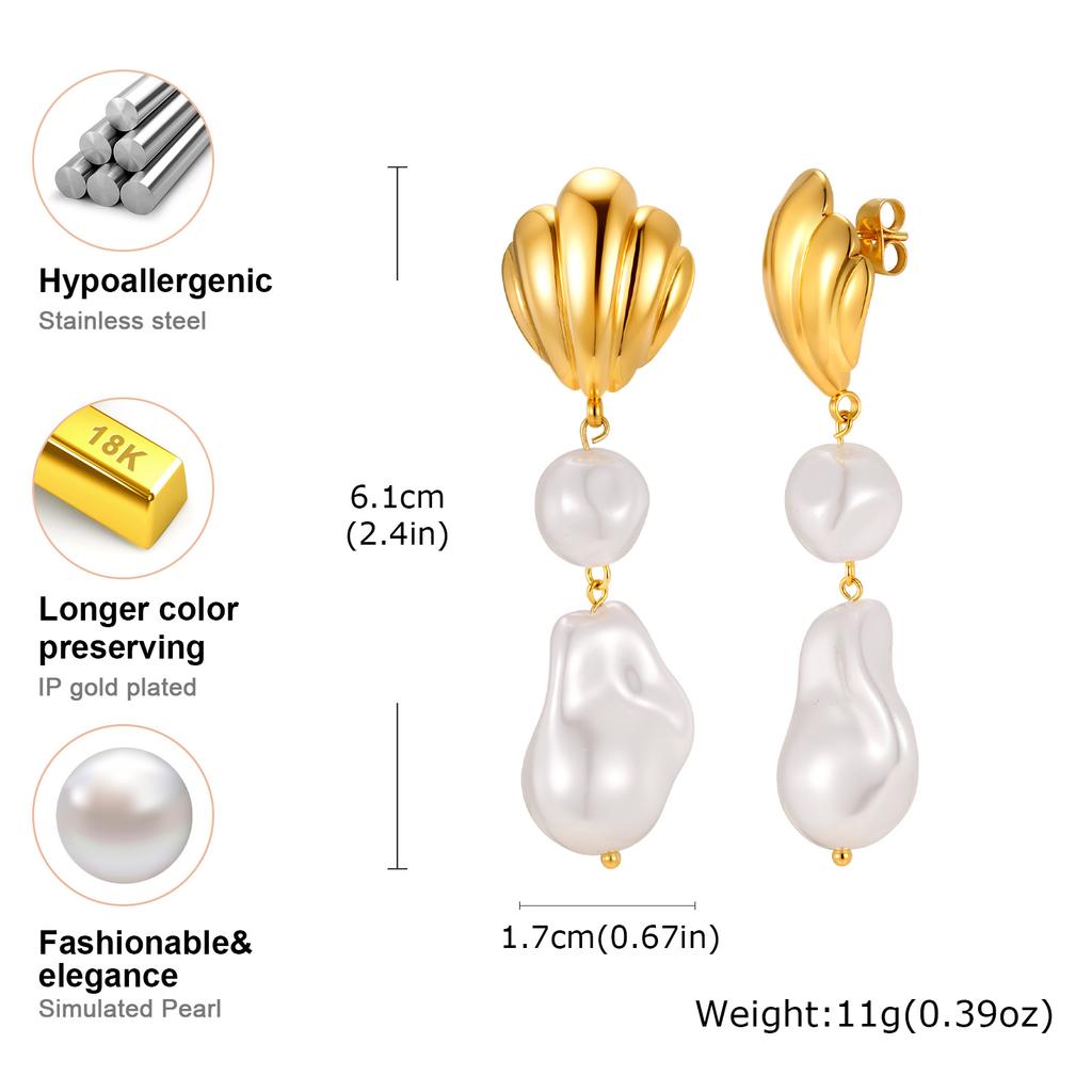 Irregular Shell Faux Pearl Earrings for Women Stainless Steel Textured Oval Imitation Pearl Earrings Charm Jewelry Gift
