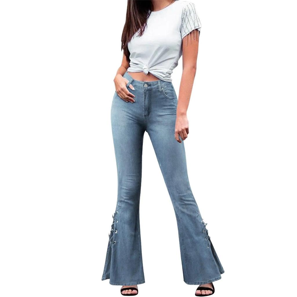 Pantalones vaqueros acampanados de cintura alta para mujer, ropa de calle elástica Vintage con cordones, pantalones vaqueros elásticos con parte inferior de campana