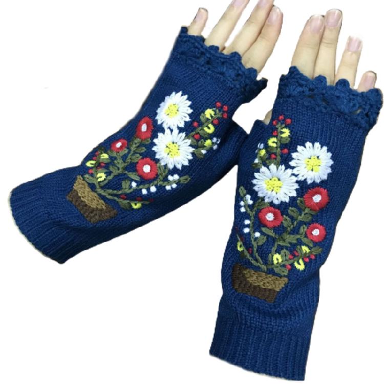Fingerless Warm Gloves Knitted Mittens Stretchy Cartoon Embroidery Flower Mitten