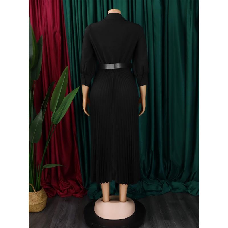 Women Fashion Turn Down Collar Long Sleeve High Waist Pleated Solid A Line Midi Dress