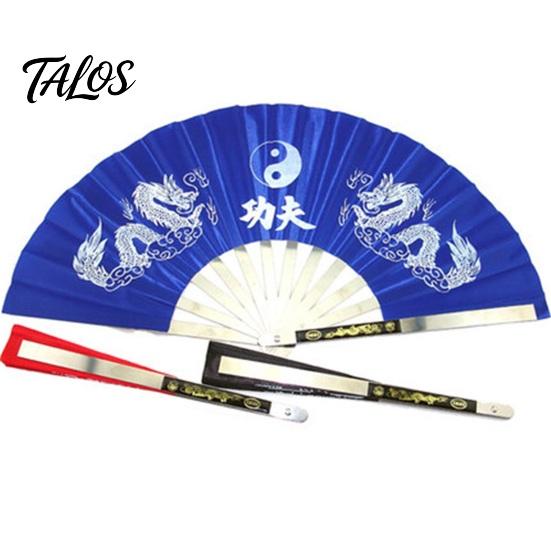 Handheld Tai Ji Fan Dual Dragon Print Loud Clack Chinese Style Portable Large Size Performance Prop Crafts Anti-rust Stainless Steel Rib Folding