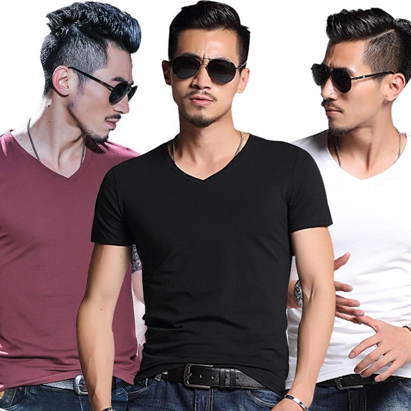 Buy Man Solid Color Summer Casual Short Sleeve Bottoming Color V-Neck ...