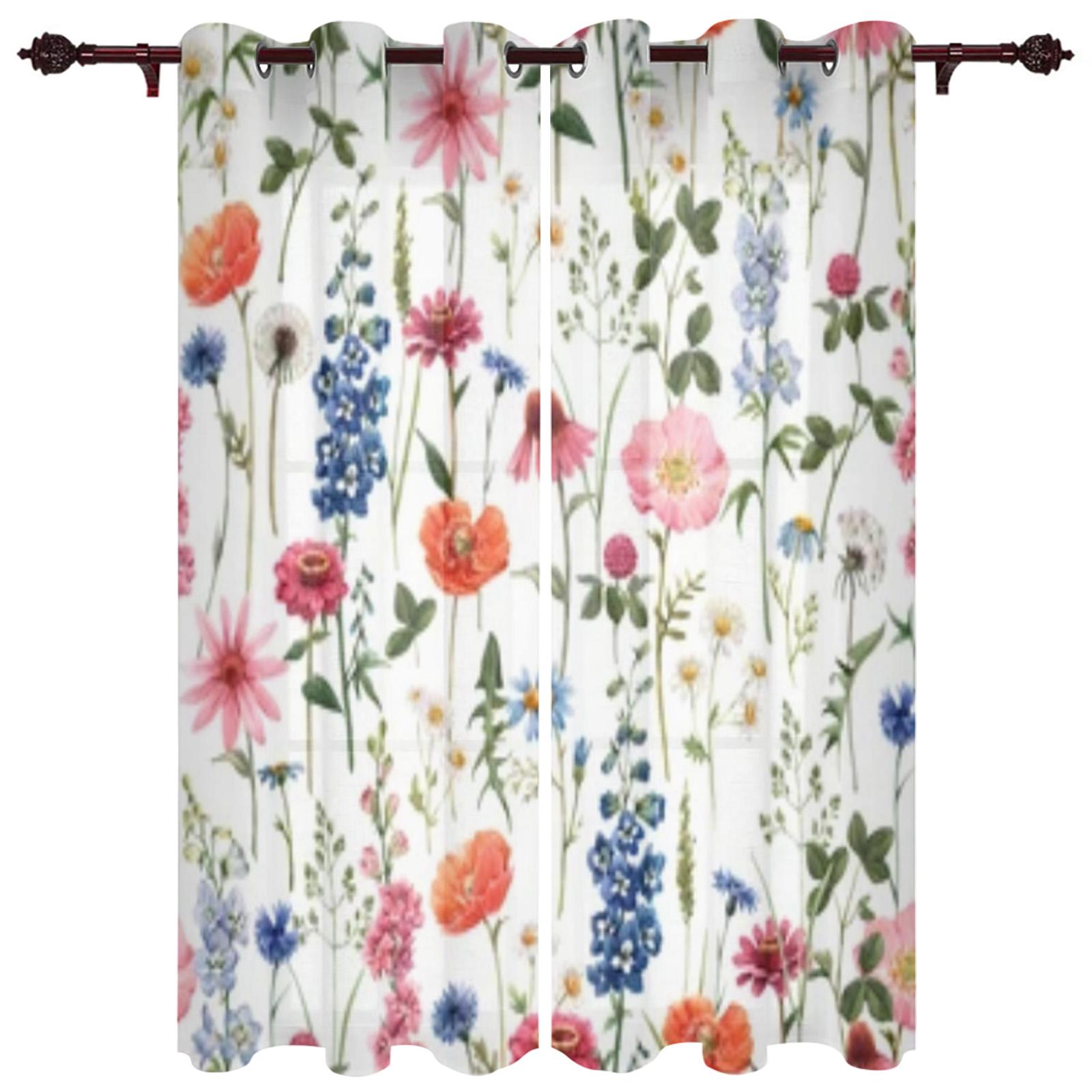 Bloem Aquarel Raamgordijn voor Slaapkamer Woonkamer Achtergrondgordijn Huisdecoratie Keuken Kort Gordijn 100W x 160H (cm) x2
