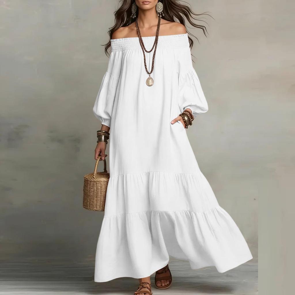 Womens Off Shoulder Maxi Dress Puff Sleeve Loose Fit Tiered Dresses Lightweight Boho Casual Dress