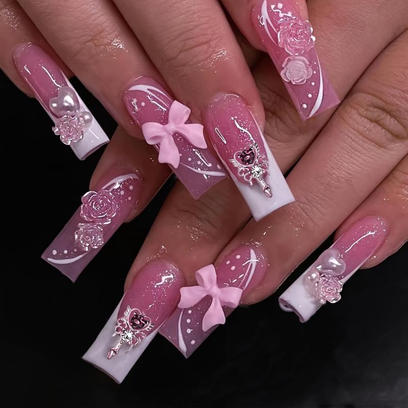 

24 pieces of European and American long water pipes wear nail white French three-dimensional bow fairy stick fake nail manicure
