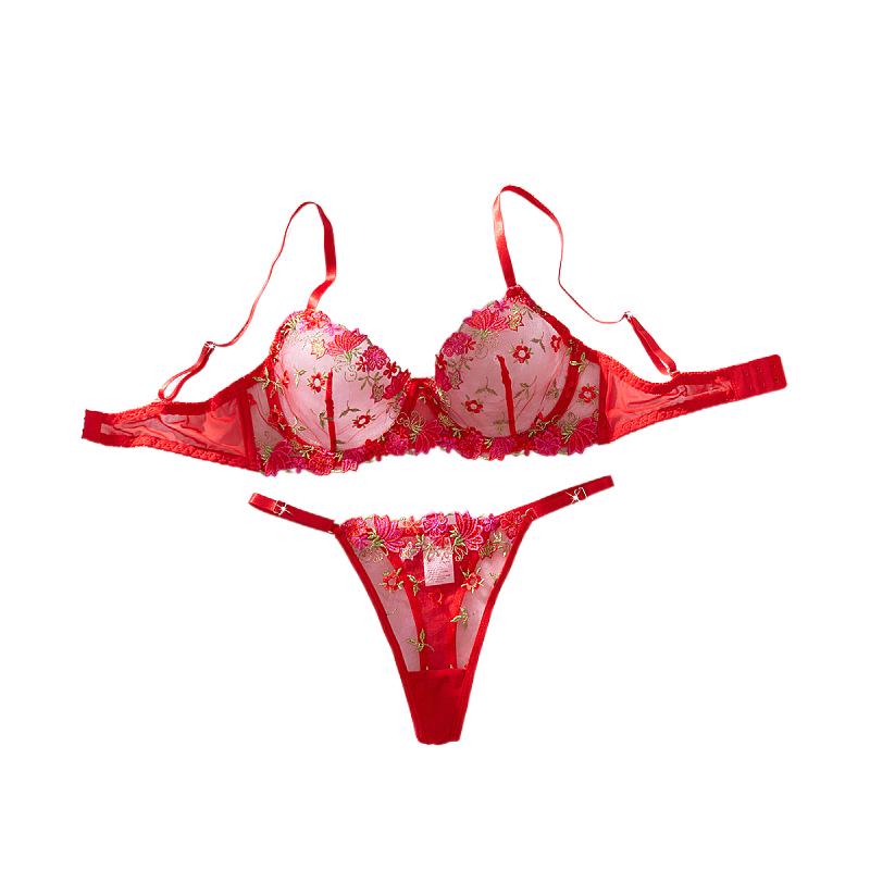 Cross-border European & American Sexy Floral Embroidery Lingerie Set: Underwire Push-Up Bra & See-Through Panties