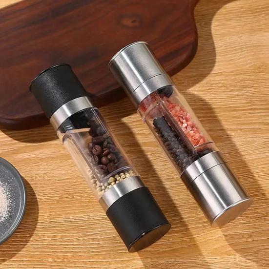 2-in-1 Salt And Pepper Grinder Set Adjustable Coarseness Manual Spice Mill with Glass Jar Stainless Steel Refillable Kitchen Shaker Bottle