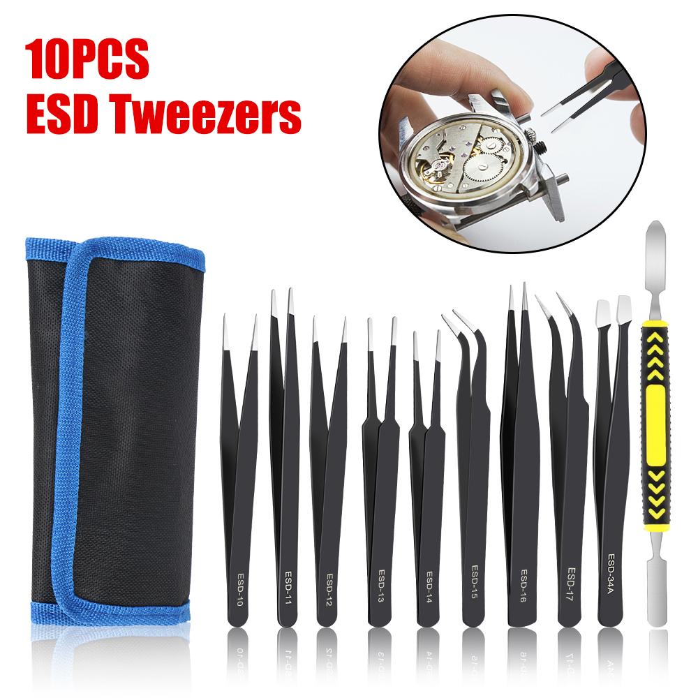 ESD Tweezers 10Pcs/Set Industrial Repair Tools Precision Anti-Static Electronics Soldering Craft Curved Straight Tweezers Stainless Steel