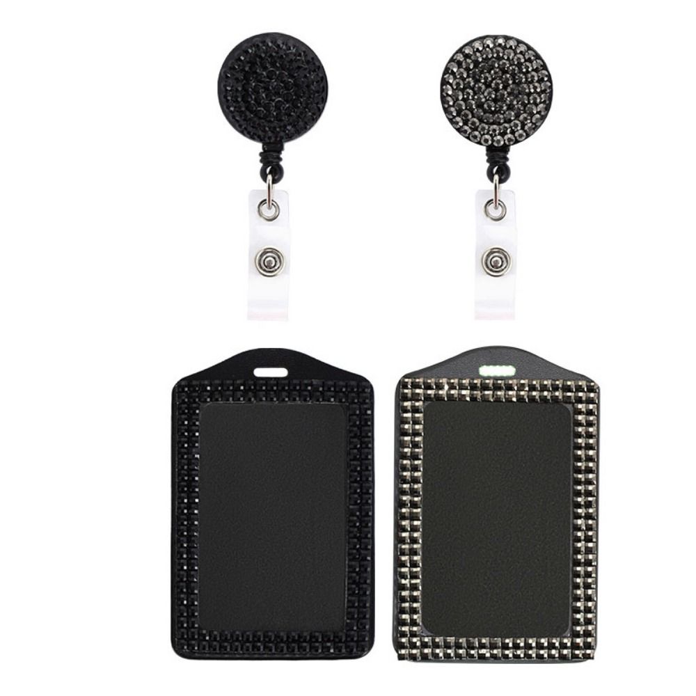 Bling ID Holder with Lanyard Rhinestone Decorated Elegant Design Shiny Finish Badge Reel Retractable Lanyard Easy Pull Buckle