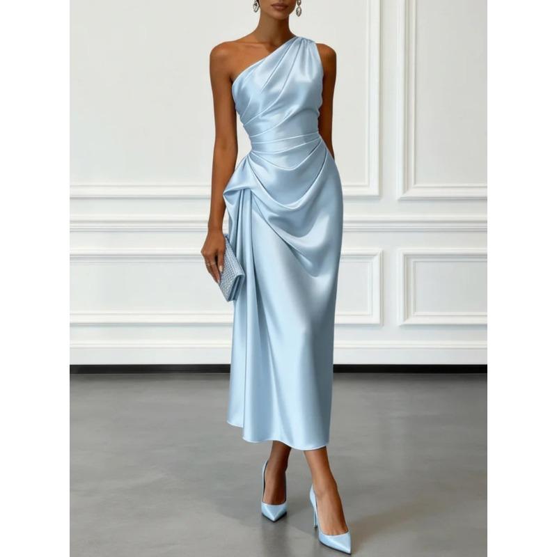 TIFICY Women s Fashion Summer Spring Sleeveless High Waist Oblique Collar Cocktail & Evening Dresses S небесно-голубой