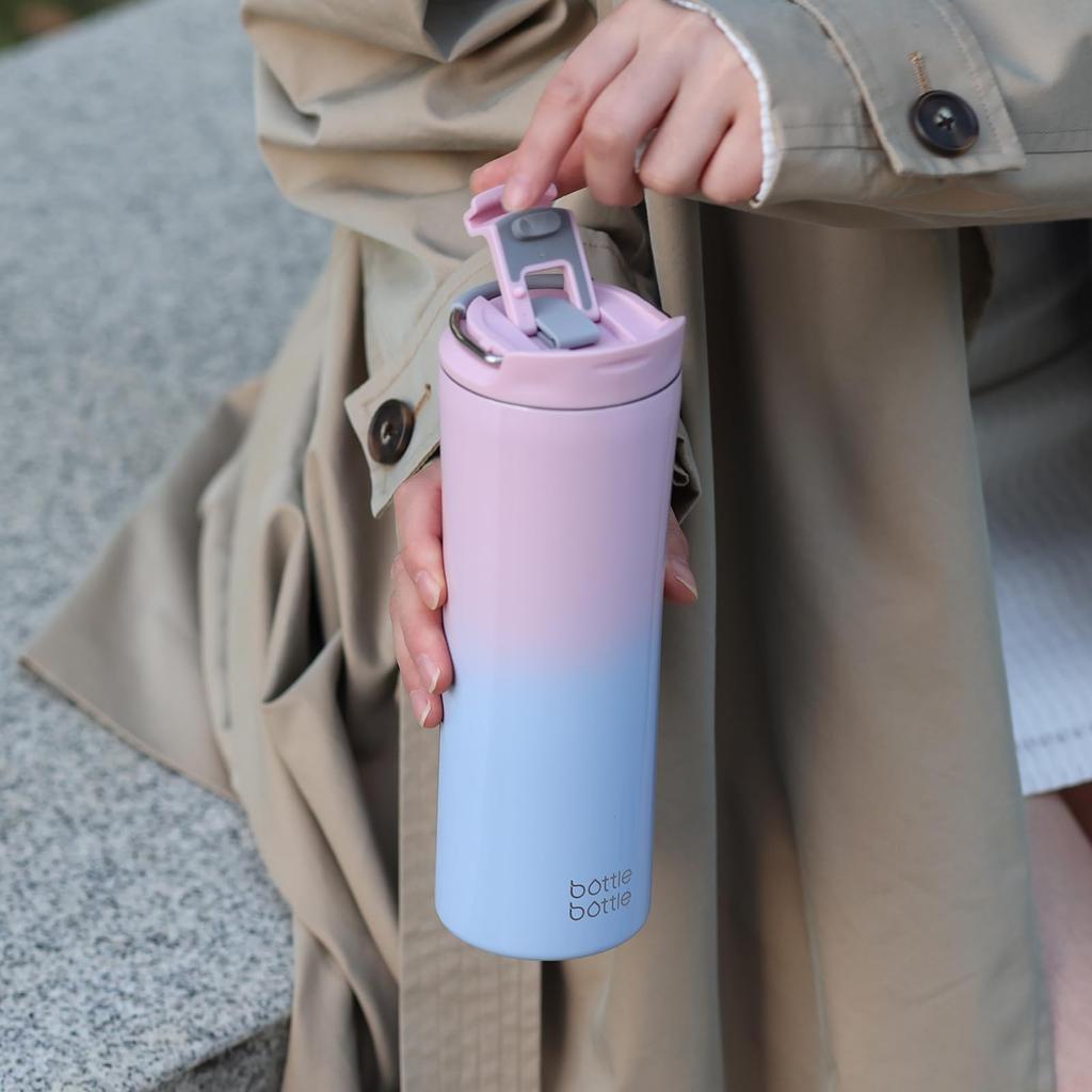 600ml Tumbler, Vacuum Insulated, Keeps Hot or Cold, Stainless Steel, with Holed Lid, Straw, Handle, Stays Dry, No Condensation, Direct Drinking, Pink