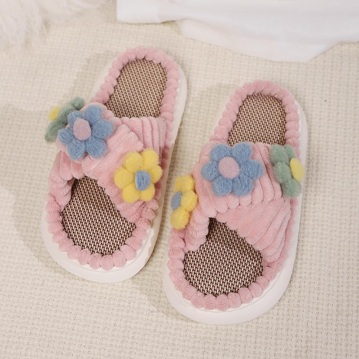 

Женские льняные тапочки Зимние цветы Вельветовые тапочки Удобные домашние сандалии Нескользящая платформа Устойчивые к запахам Легкие тапочки 44-45 розовый