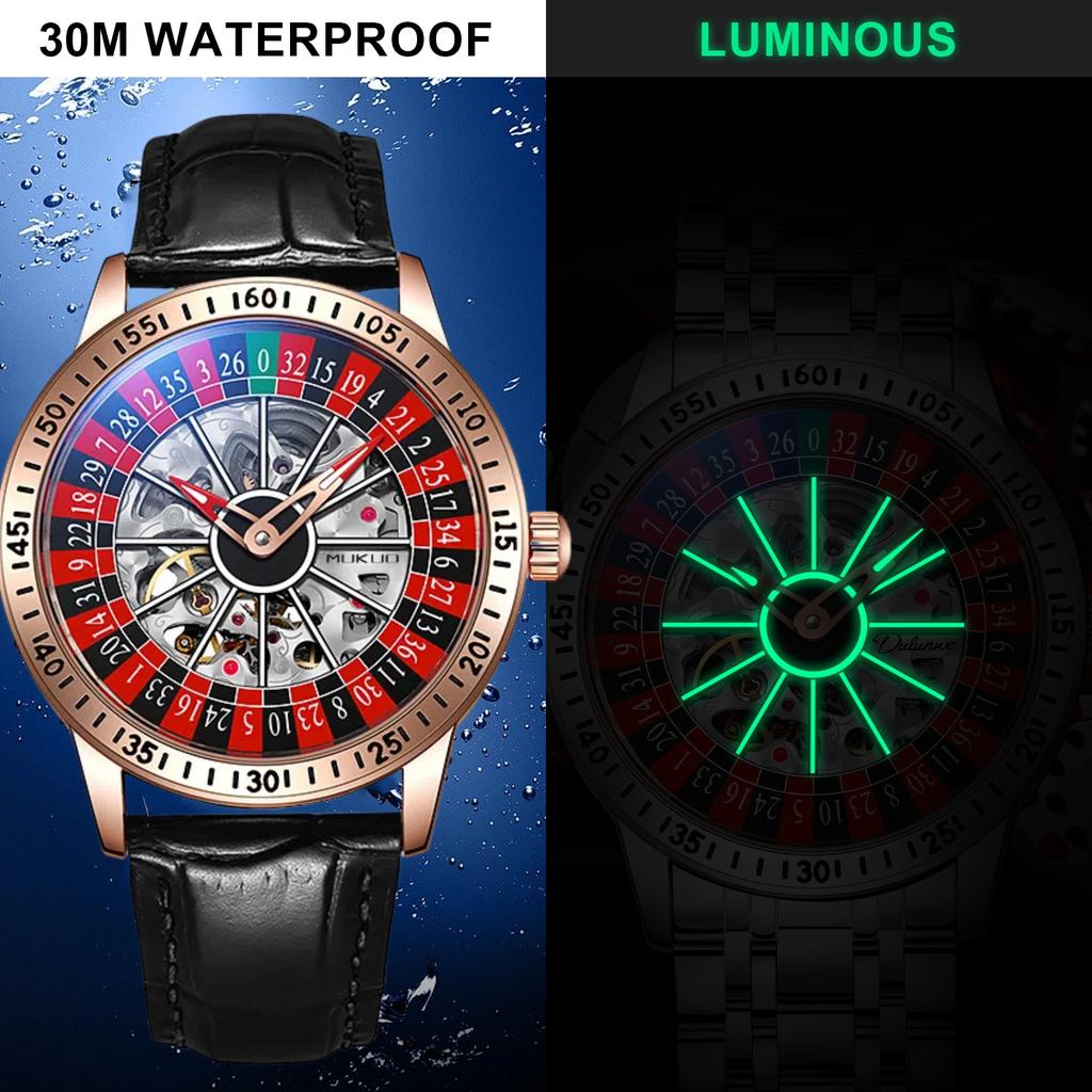 Modische drehbare innere Zifferblatt Skelett Mechanikuhr für Herren Leuchtende Zeiger Stahl Lederarmband Automatische Uhren