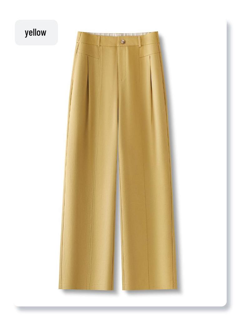 Women's Yellow Tencel Cotton High Waist Wide Leg Pants - Slimming Spring 2025 Straight Leg Casual Trousers
