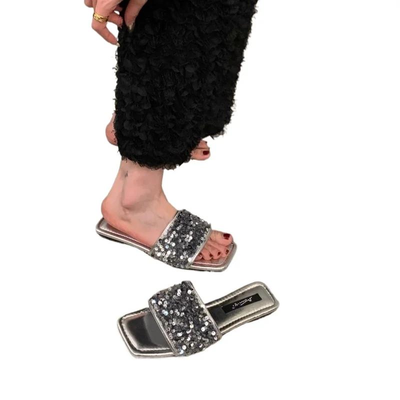 Fashion Women's Shoes 2024 High Quality Summer Solid Color Open Toe Women's Slippers Fashion Sequined Low Heel Women's Beach Slippers