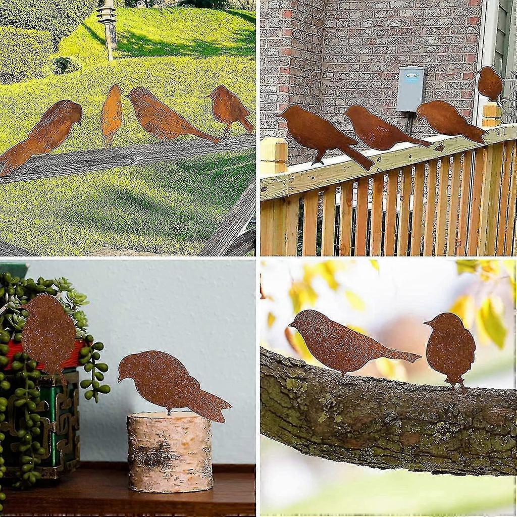 Rostige Metall-Gartenstäbe, 4 Stück Rostige Vögel mit Schrauben, Rostige Metall-Garten-Hofkunst, Metall-Vogel-Dekorationen (4)