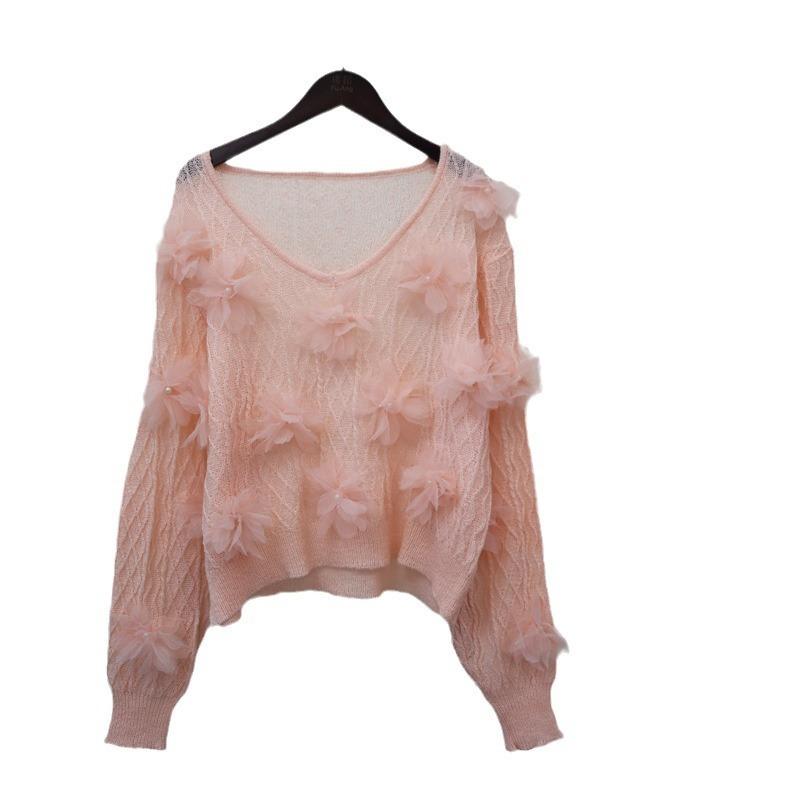 Heavy Industry Bead Three-dimensional Flower Knitted Sweater Top Autumn New Loose Sweet Sweater Pullover Women
