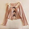 Women's Long Sleeve Pajama Set with Chest Pads - Bowknot Design, Korean Style, Suitable for Spring To Winter.