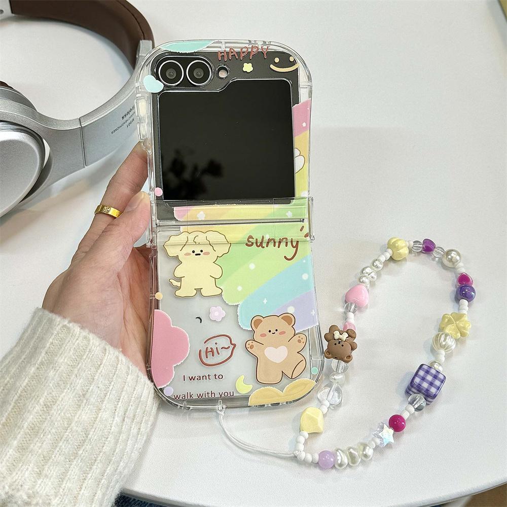Braccialetto Orsetto Cartone Animato Carino Custodia Arcobaleno per Samsung Galaxy Z Flip 6 5 4 3 flip6 Catena da Polso con Perline Copertura Morbida in Silicone Antiurto