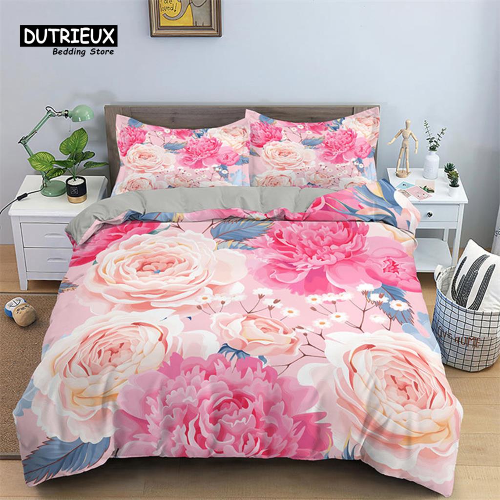 Romantic Flower Duvet Cover Rose Floral Bedding Set Microfiber Comforter Cover King For Girl Women Wedding Valentine's Day Decor