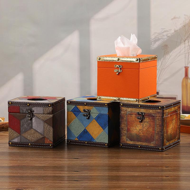 Luxury Vintage Wooden Leather Tissue Box - Square Tissue Holder for Living Room, Shop, Home Decor