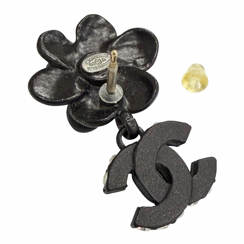 Great CHANEL Camellia COCO Mark Rhinestone Piercings (for both ears) black 02A Used