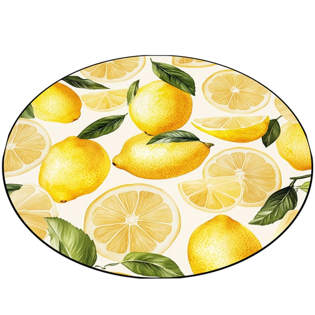 Lemon Pattern Round Rug Yellow Fruit Non-Slip Floor Mat 2D Flat Washable Area Rug for Living Room Bedroom Spring Decor