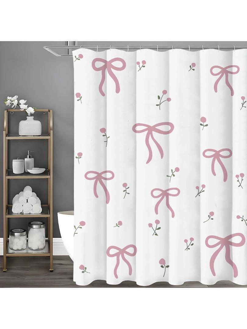 

1 Piece Pretty Pink Floral Bow Printed Shower Curtain With 12 Hooks, Mildew Resistant And Waterproof Bathroom Decoration, Modern W60H190(CM)-1 Pcs