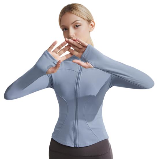 

Women Long Sleeve Tops Workout Full Zip Quick Dry Crop Yoga Athletic M сірий/синій