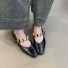 Vintage Square Toe Shallow Mouth Mary Jane Shoes Women One-line Buckle Belt Solid Genuine  Women Single Shoes All Match