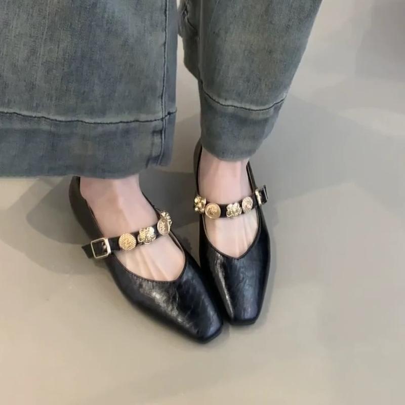 Vintage Square Toe Shallow Mouth Mary Jane Shoes Women One-line Buckle Belt Solid Genuine Women Single Shoes All Match