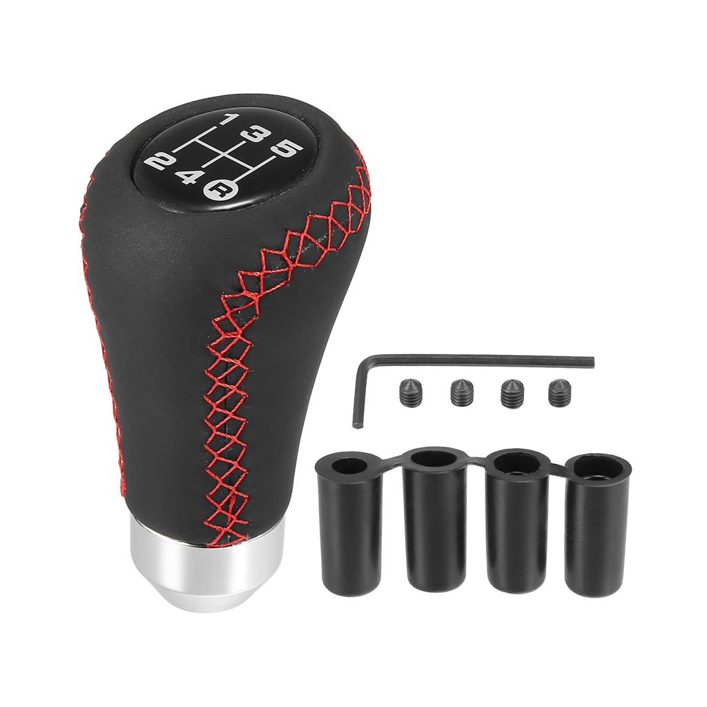uxcell Shift Knob Gear Lever Shifter MT Stick Shift Knob Black Universal 5 Speed PU Leather Red Stitching